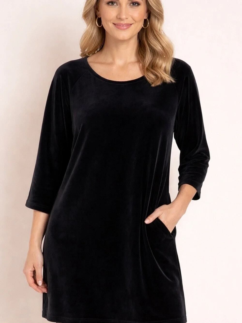 Gudrun Sjoden Womens Velour Tunic Dress Black Minimalist Stretch Pockets Small